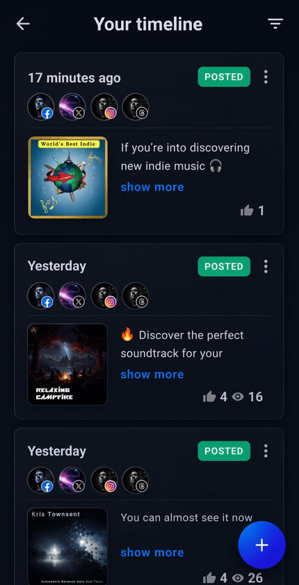 Daily curator promotion timeline Screenshot of daily social media posting timeline showing regular promotion of playlists, curators and independent music communities.