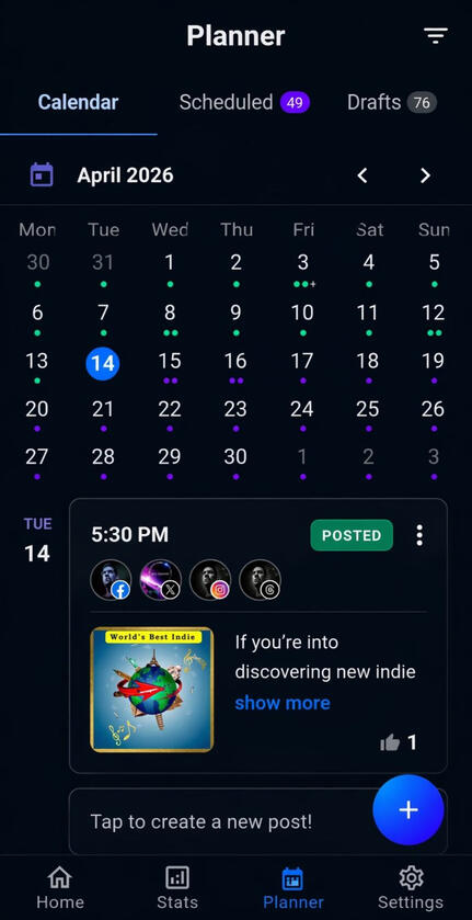 Screenshot of content planner calendar with scheduled social media posts supporting playlists and music discovery communities.