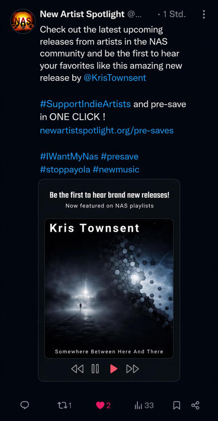 Screenshot of New Artist Spotlight social media post featuring Kris Townsent and promoting a new release.